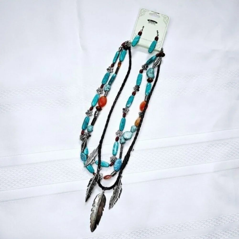 Turquoise Beaded Layered Necklace Set w/ Matching Hook Earrings